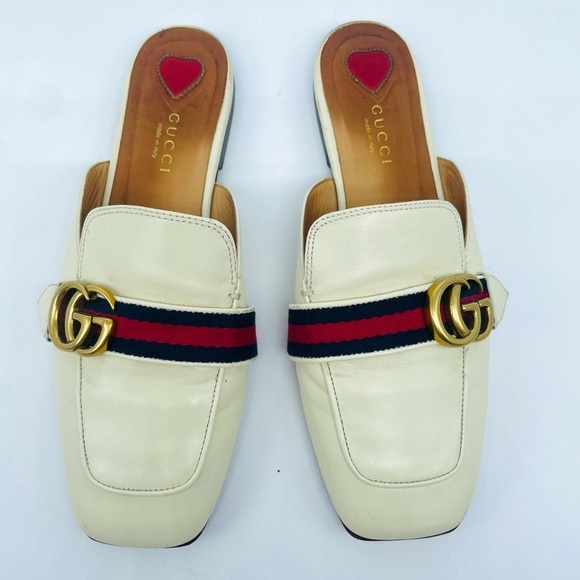 Gucci GG Logo Marmont Red Blue Web Canvas White Leather Mules Loafers EU 39 - Picture 1 of 14